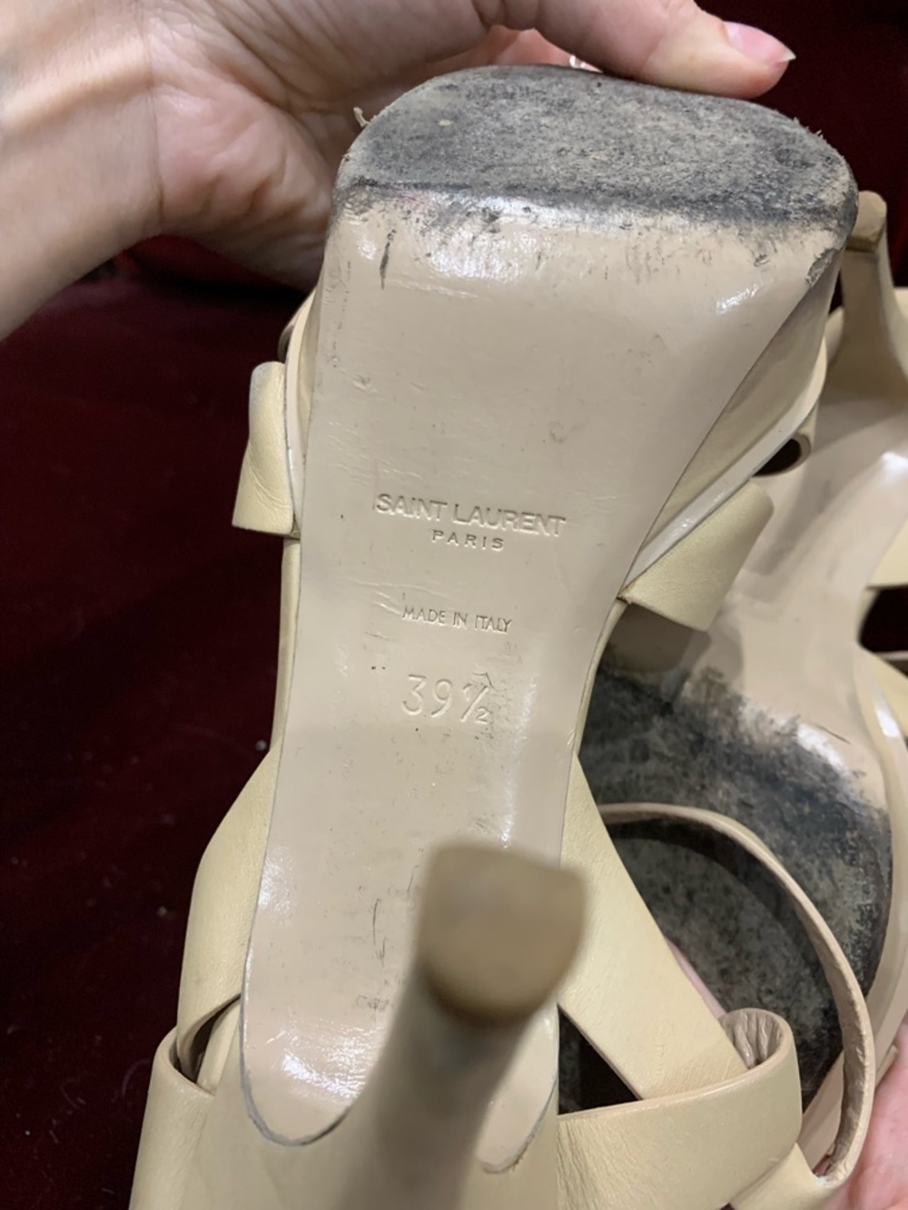 Saint Laurent Beige Leather Knotted T-Strap Heels - Picture 5 of 13